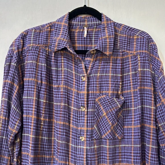 FREE PEOPLE WOMEN BLOUSE LONG SLEEVE PURPLE OVERSIZED SZ SMALL - Picture 2 of 11